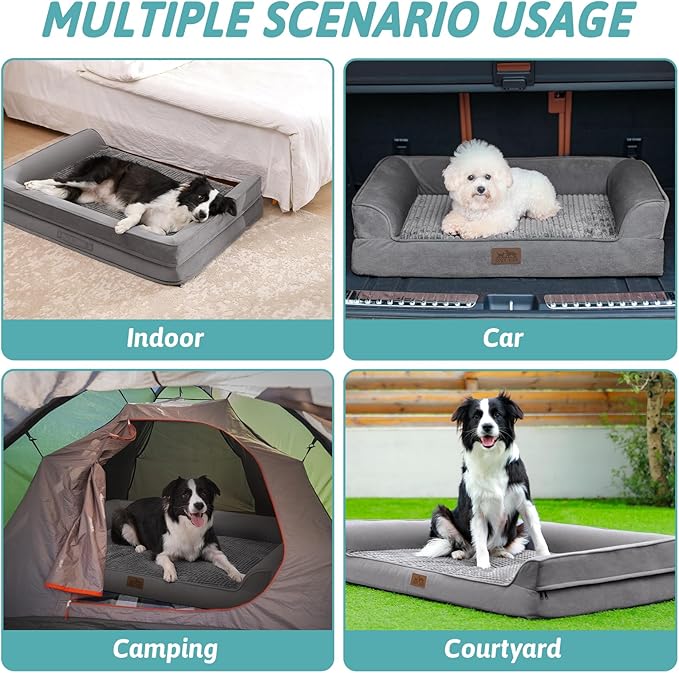 Orthopedic Large Dog Beds, Bolster Pet Couch with Waterproof Lining, Egg Crate Foam Sofa for Pets Up to 65 lbs, U-Shaped, 36x27x7.5 inch, Grey
