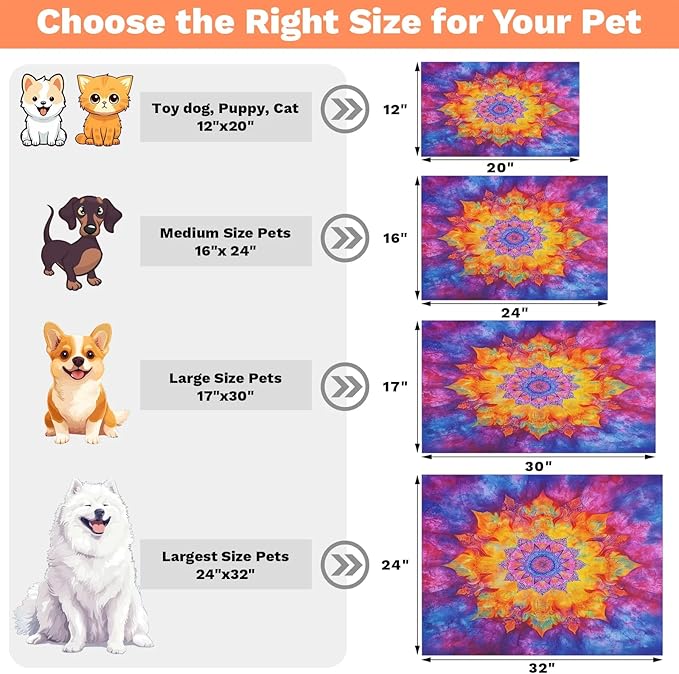 Tie Dye Dog Food Mat for Floors Absorbent, Quick Dry Water Dispenser Mat for Food, Water, Pet Supplies 17" x 30", Hippie Mandala