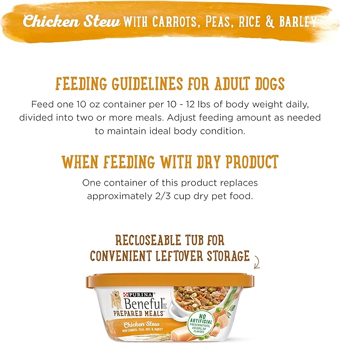 Beneful Purina Wet Dog Food Freshly Prepared Meals Chicken Stew with Rice, Carrots, Peas, and Barley Tubs- 10 oz. 8 Count (Pack of 2)