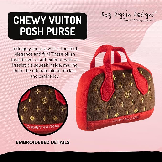 Dog Diggin Designs Chewy Vuiton Posh Purse Plush Dog Toy | Luxury-Inspired Parody Designer Handbag with Squeaker, Soft Plush Fashion Dog Toy – Haute Couture Purses & Handbags
