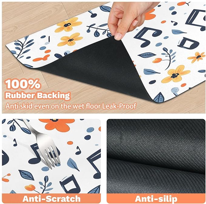 Music Note Dog Food Mat for Floors Absorbent Dog Bowl Mat for Food and Water Dispenser Quick Dry Cat Food Placemat Pet Supplies 17" x 30", Boho Flower