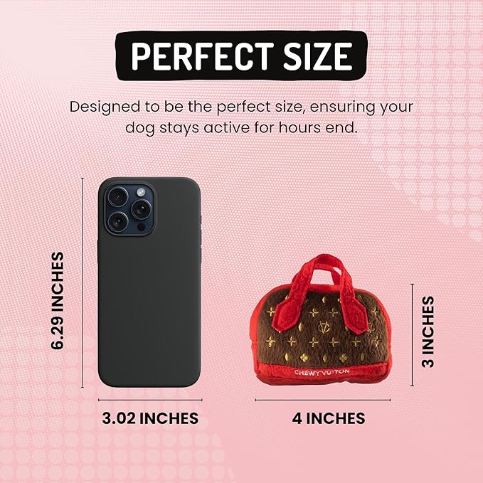 Dog Diggin Designs Chewy Vuiton Posh Purse Plush Dog Toy | Luxury-Inspired Parody Designer Handbag with Squeaker, Soft Plush Fashion Dog Toy – Haute Couture Purses & Handbags