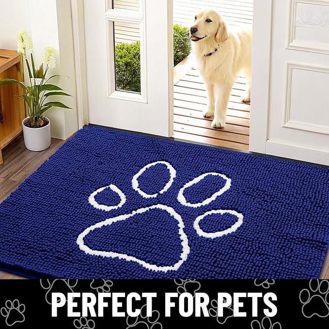 Smiry Dog Door Mat for Muddy Paws, Absorbent Dirt Trapper Non Slip Quick Dry Washable Chenille Mat for Mud Dogs, Entry Rug for Indoor and Outdoor (36x24 Inches, Navy Blue and White)