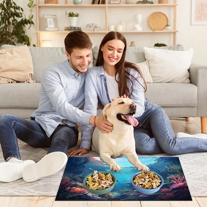 Ocean Sea Dog Food Mat for Floors Absorbent, Quick Dry Water Dispenser Mat for Food, Water, Pet Supplies 17" x 30", Underwater