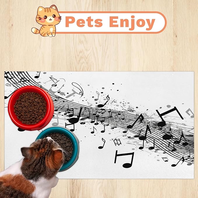 Music Notes Dog Food Mat for Floors Absorbent Dog Bowl Mat for Food and Water Dispenser Quick Dry Cat Food Placemat Pet Supplies 16" x 24", Black White