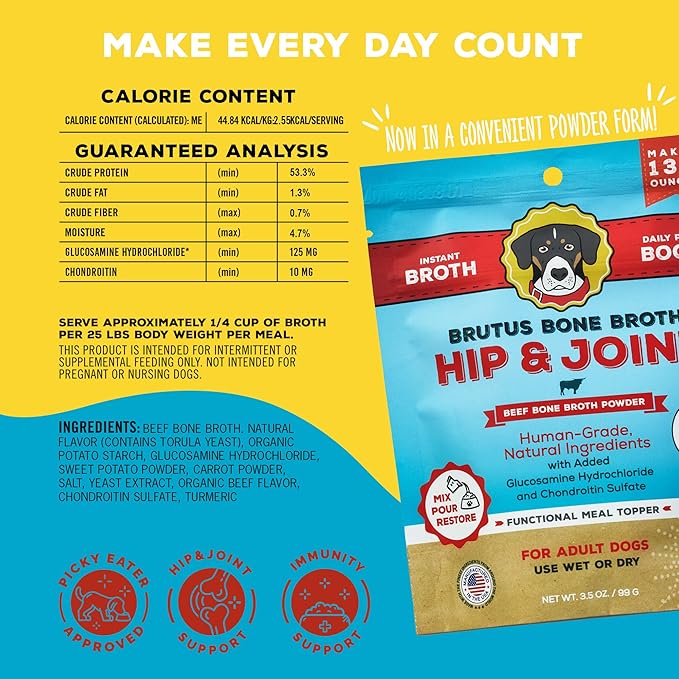 Brutus Broth Dog Food Topper - Instant Bone Broth Powder for Adult Dogs - Supports Hip and Joint Function - Human-Grade Quality - Serve Dry or Wet - Beef Flavor - 3.5 oz Pack (Makes 130 oz with Water)