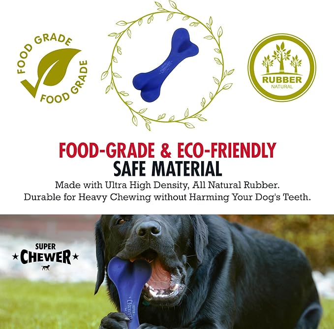 SuperChewer Tough Dog Bone Toy | Lifetime Replacement | Strong Natural Rubber | Great Dog Fetch Toy | Chew Toys for Dogs | Ultra Durable Chew Toys for Moderate Chewers | Large Breed Tested