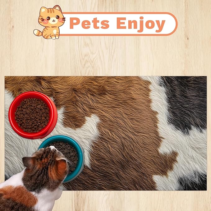 Cow Print Dog Food Mat for Floors Absorbent Dog Bowl Mat for Food and Water Dispenser Quick Dry Cat Food Placemat Pet Supplies 12" x 20", Brown Skin