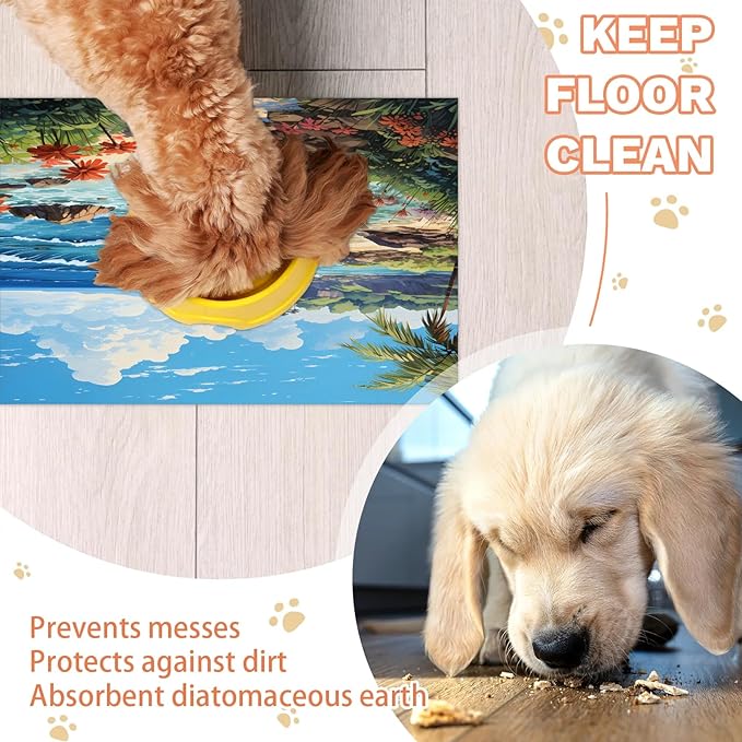 Ocean Beach Dog Food Mat for Floors Absorbent, Quick Dry Water Dispenser Mat for Food, Water, Pet Supplies 16" x 24", Tropical Palm Tree