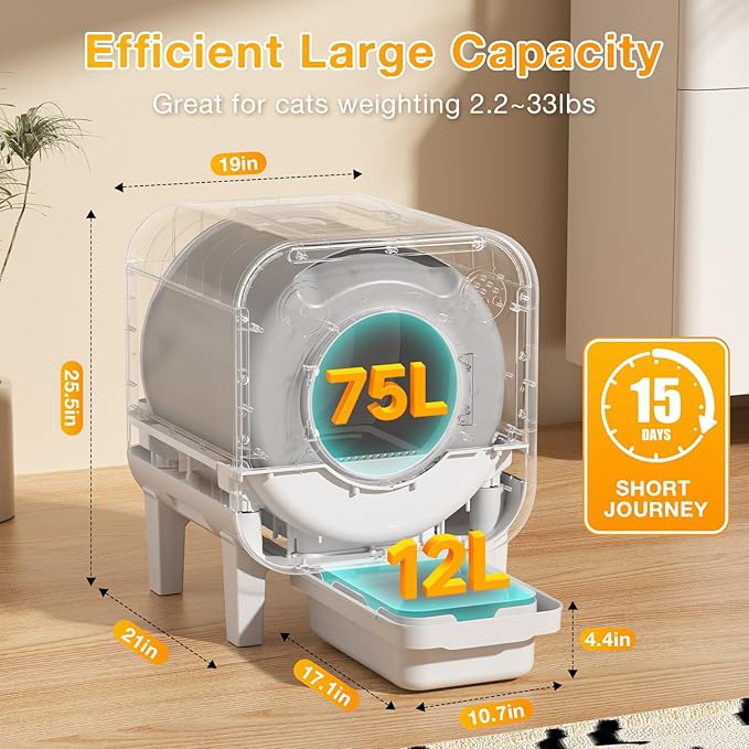 Automatic Litter Box, 4 in 1 Security-System Self Cleaning Litter Box Robot, 75L+12L Extra Large Space for Multiple Cats, APP Control, 1 Free Cat Litter-Mat, 3 Rolls Cats Waste Bag Liners