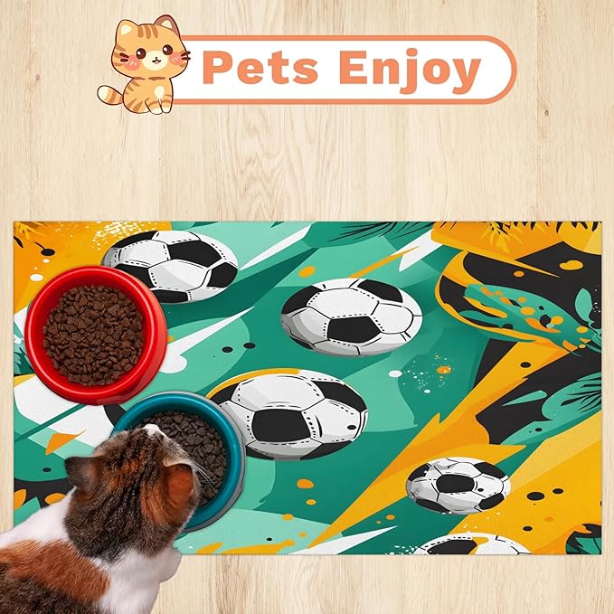 Sports Soccer Dog Food Mat for Floors Absorbent, Quick Dry Water Dispenser Mat for Food, Water, Pet Supplies 12" x 20", Football Theme