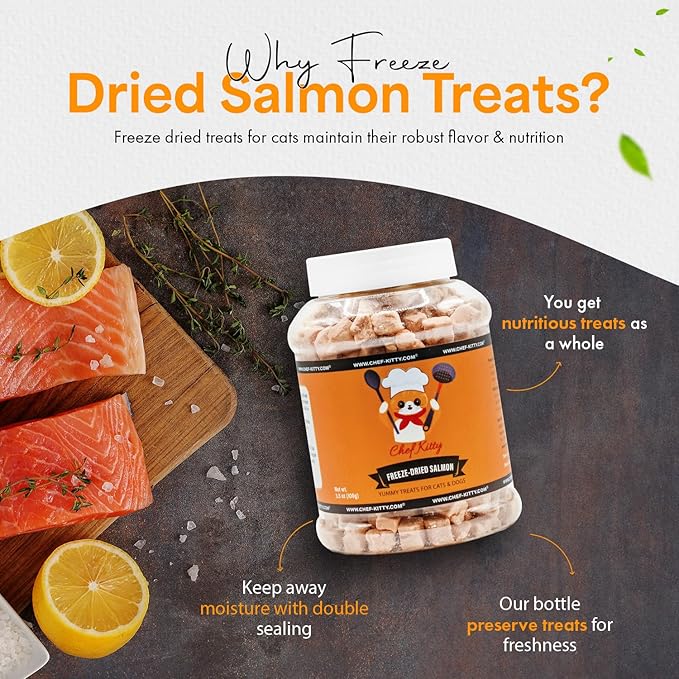 Freeze Dried Salmon Cat Treats | 100% Wild Caught Salmon Dog Treats, Grain- Free | High Protein, Single Ingredient Cat & Dog Food Toppers | No Additives or Preservatives | Tested in USA | 5.3 oz