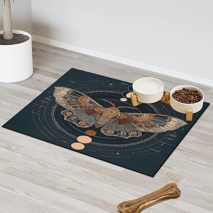 Boho Butterfly Dog Food Mat for Floors Absorbent, Quick Dry Water Dispenser Mat for Food, Water, Pet Supplies 16" x 24", Sun Moon