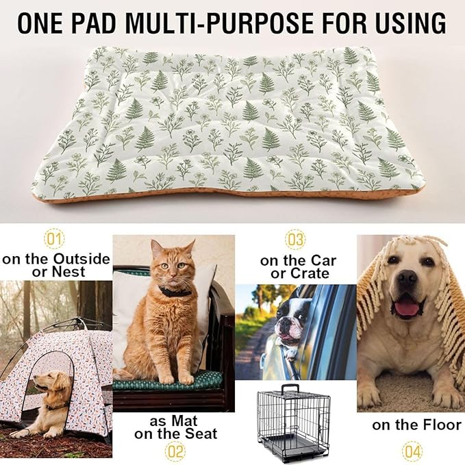 Dog Bed for Crate Washable Pet Sleep Pad, Floral Print Kennel Mat with Non-Slip Bottom, Soft Fluffy Supplies Pet for Dogs and Cats (24x18 inch)