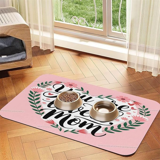 Pet Feeding Mat Happy Mother's Day Floral Gift Mom Pink Cq Dog Food Mat for Food Water No Stains Quick Dry Dispenser Cat Bowl Mats for Messy Drinkers 24x16In