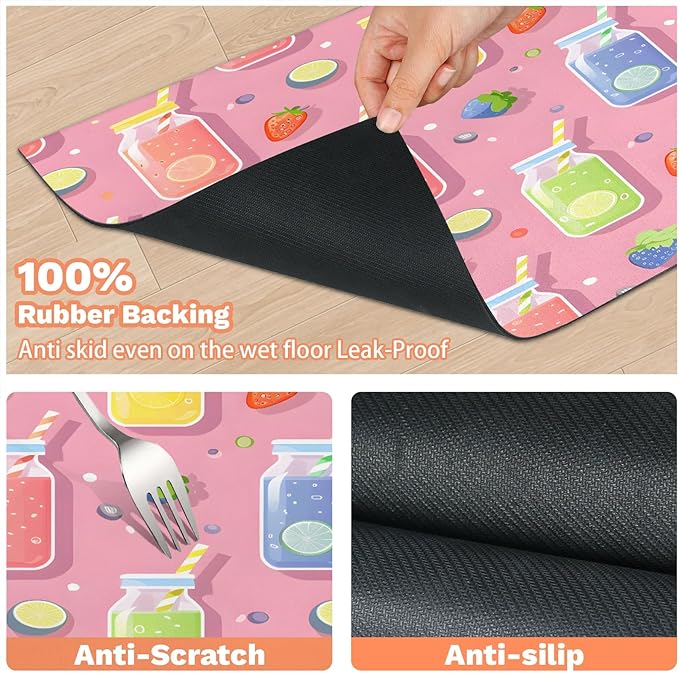 Lemon Juice Dog Food Mat for Floors Absorbent Dog Bowl Mat for Food and Water Dispenser Quick Dry Cat Food Placemat Pet Supplies 17" x 30", Strawberry Fruit