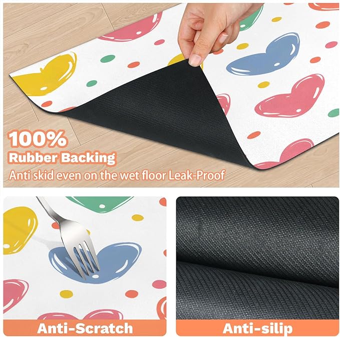 Love Heart Dog Food Mat for Floors Absorbent, Quick Dry Water Dispenser Mat for Food, Water, Pet Supplies 12" x 20", Colorful Polka Dots