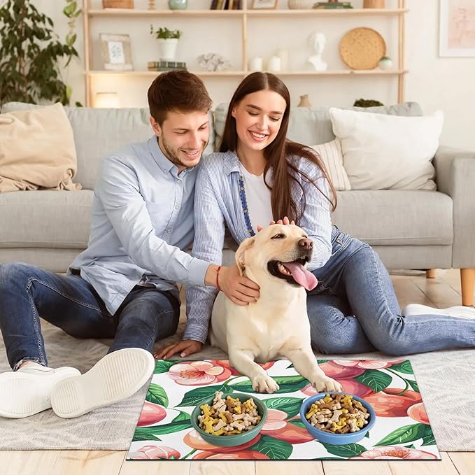 Peach Dog Food Mat for Floors Absorbent Dog Bowl Mat for Food and Water Dispenser Quick Dry Cat Food Placemat Pet Supplies 24" x 32", Flower
