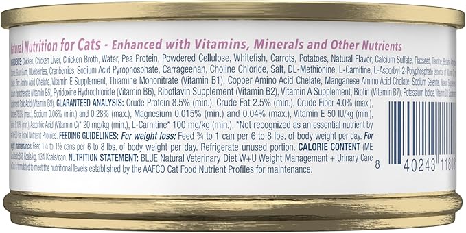 Blue Buffalo Natural Veterinary Diet W+U Weight Management + Urinary Care Wet Cat Food, Veterinarian's Prescription Required, Chicken, 5.5-oz. Cans (24 Count)