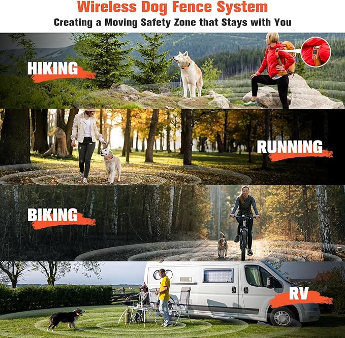 4-in-1 Wireless Dog Fence System, Electric Fences for Medium Large Dogs, 4 Modes Training Collar with Remote, IPX7 Waterproof, Portable Indoor & Outdoor Safe Pet Containment, Real-Time Display