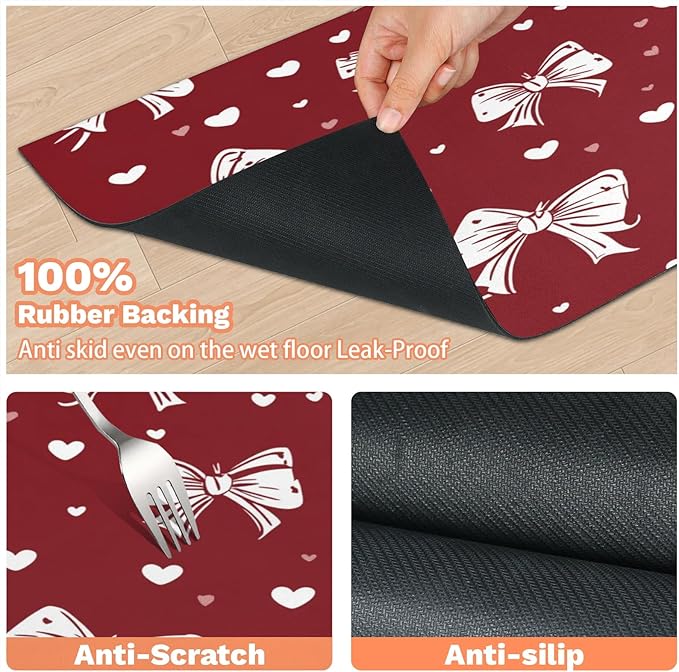 Christmas Bow Dog Food Mat for Floors Absorbent, Quick Dry Water Dispenser Mat for Food, Water, Pet Supplies 12" x 20", Cute Love