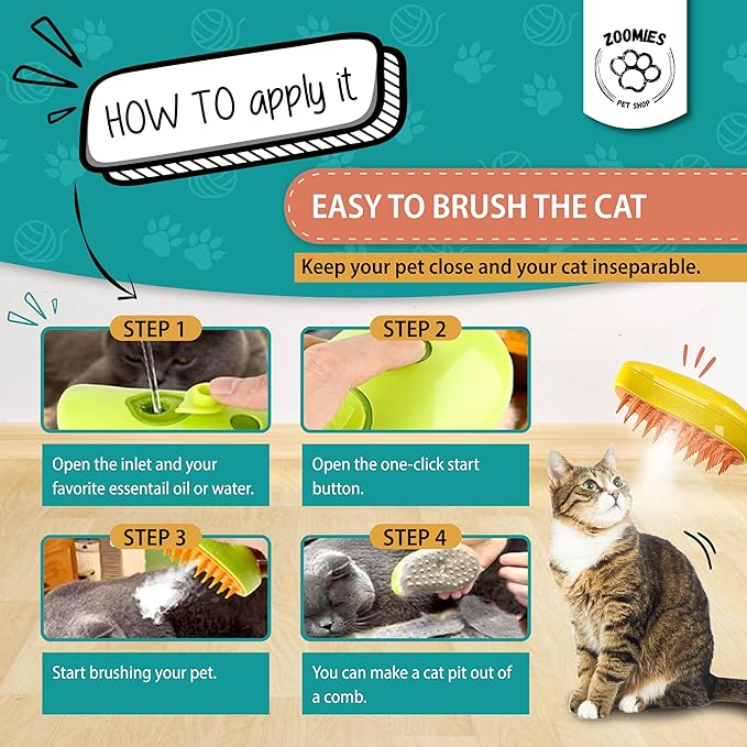 ZOOMIES-Cat Steam Brush-Ultimate 3-in-1 Pet Care Solution: Steamy Cat & Dog Grooming Brush - Say Goodbye to Shedding and Tangled Hair with our Steam-Powered Steamer Brush, Yellow