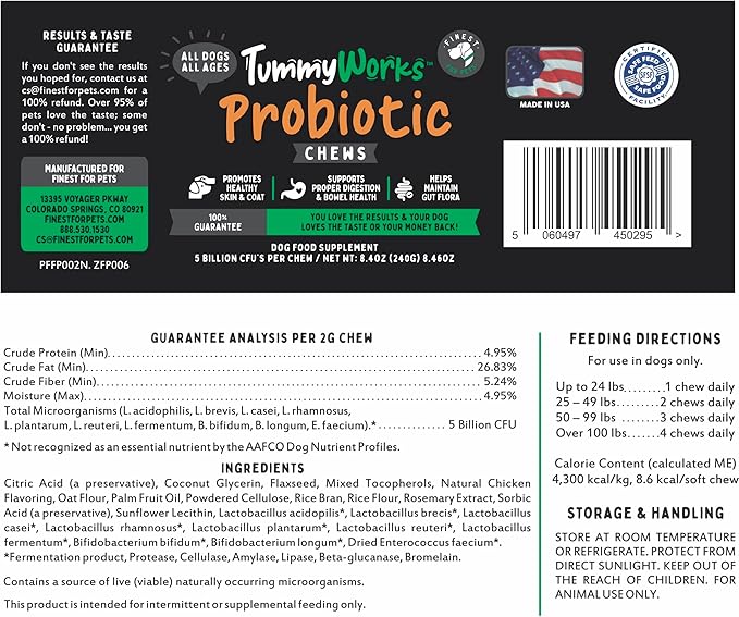 TummyWorks Probiotics for Dogs. 120 Probiotic Soft Chews for Digestive Health, Gut, Immunity, Energy, Allergies, Skin & Coat. 10 Strains, 5 Billion CFUs with 6 Enzymes. Made in USA