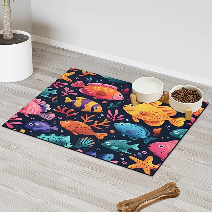 Fish Dog Food Mat for Floors Absorbent Dog Bowl Mat for Food and Water Dispenser Quick Dry Cat Food Placemat Pet Supplies 16" x 24", Coral