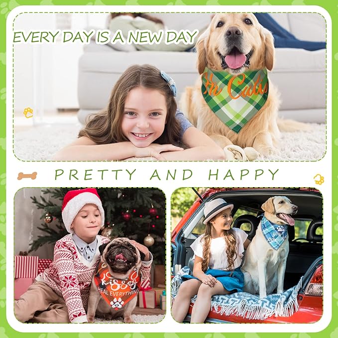 Kacctyen 300 Pcs Dark Plaid Dog Bandanas Bulk for Groomers Pet Scarf Puppy Bibs with Cute Sayings Adjustable Washable Pet Spring Summer Accessories for Small to Large Dogs Cats