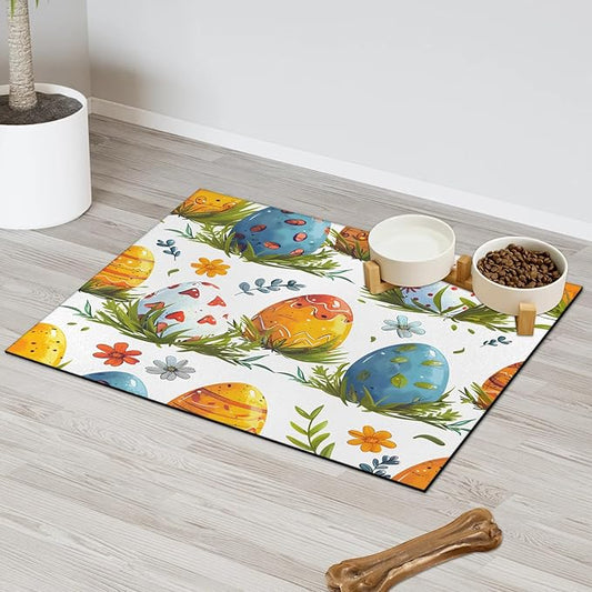 Easter Eggs Dog Food Mat for Floors Absorbent Dog Bowl Mat for Food and Water Dispenser Quick Dry Cat Food Placemat Pet Supplies 24" x 32", Leaf Flower