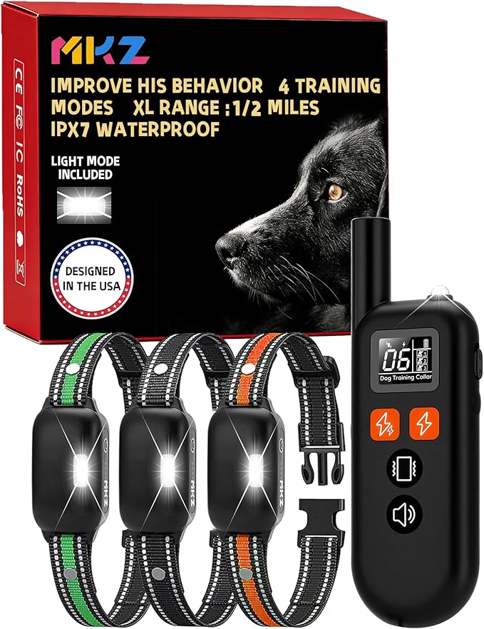 Shock Collar for Dogs 3 Dog Shock Collar with Remote Control with 4 Training Modes,Rechargeable Dog Training Collar Electric Collar for Small Medium Large Dogs (15-120Lbs) with Flash Light
