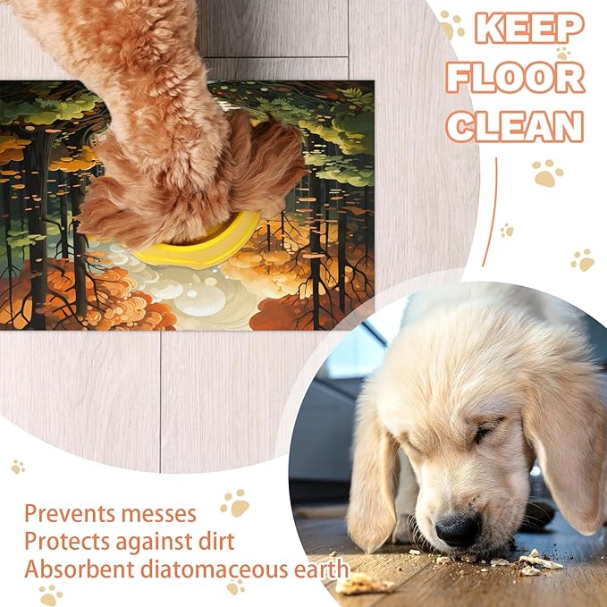 Fall Forest Dog Food Mat for Floors Absorbent, Quick Dry Water Dispenser Mat for Food, Water, Pet Supplies 16" x 24", Autumn Harvest