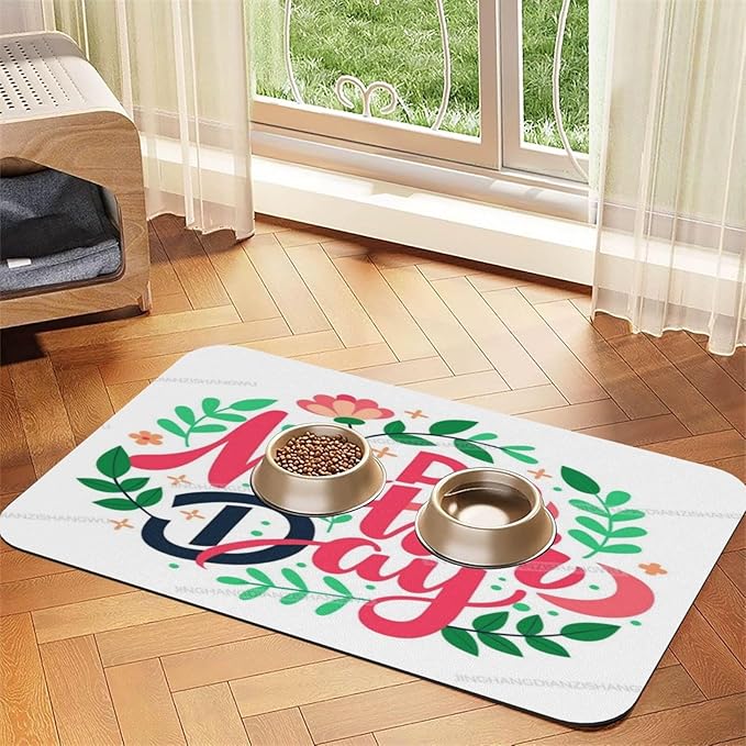 Pet Feeding Mat Happy Mother's Day Floral Gift Mom Kz Absorbent Pet Placemat for Food Water Bowl with Waterproof Rubber Backing 18X12In Quick Dry Water Dispenser Mat for Dog Cat