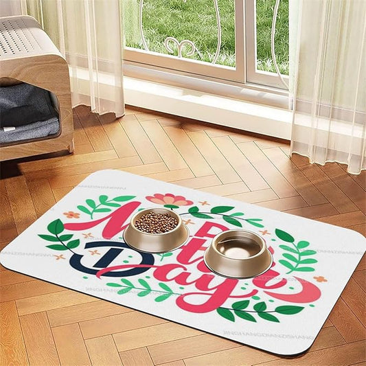 Pet Feeding Mat Happy Mother's Day Floral Gift Mom Kz Absorbent Pet Placemat for Food Water Bowl with Waterproof Rubber Backing 18X12In Quick Dry Water Dispenser Mat for Dog Cat