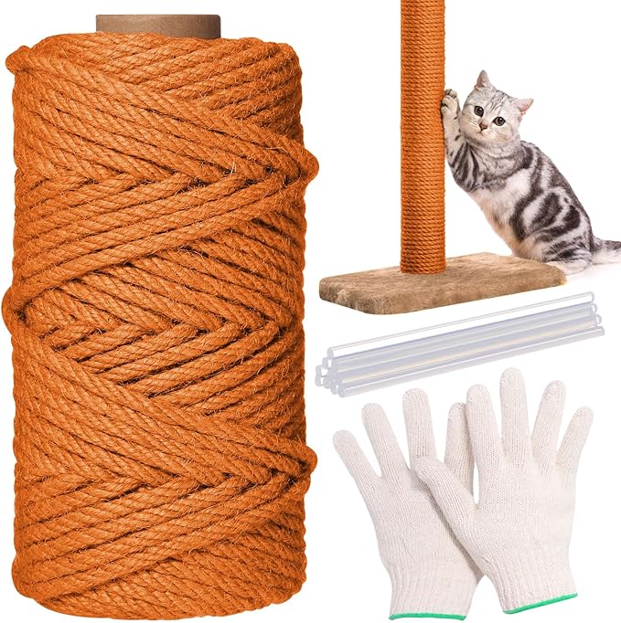 1/4inch ×164ft Natural Cat Tree Jute Rope, Repair and Replace Scratching Post Sisal Rope for Cat Tree Tower Scratching Post DIY (Orange)