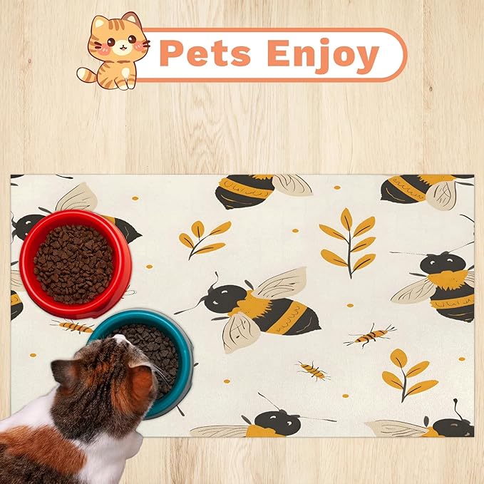 Boho Honeybee Dog Food Mat for Floors Absorbent, Quick Dry Water Dispenser Mat for Food, Water, Pet Supplies 16" x 24", Fall Leaves
