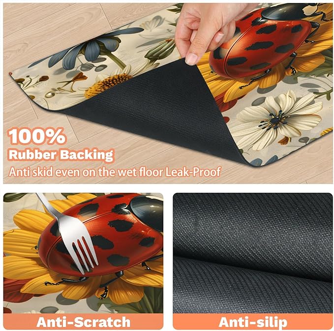 Cute Ladybird Dog Food Mat for Floors Absorbent, Quick Dry Water Dispenser Mat for Food, Water, Pet Supplies 16" x 24", Daisy Flower