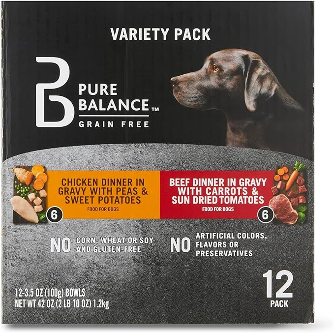 Pure~Balance Grain-Free Wet Dog Food Variety Pack, Chicken Dinner with Peas & Sweet Potatoes and Beef Dinner with Carrots & Sun Dried Tomatoes in Gravy, 3.5 oz Cups - Pack of 12