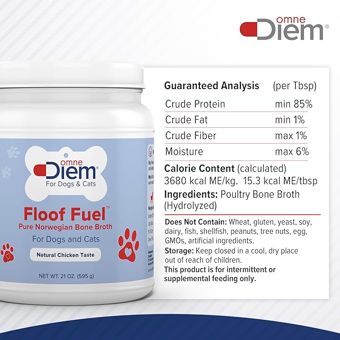 OmneDiem Floof Fuel for Cats & Dogs - Pure Norwegian Poultry Bone Broth - Pet Food Topper - Tasty Chicken Flavor, Rich in Protein - Supports The Health of The Joints, Gut, Skin & Coat - 21oz (595g)