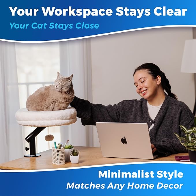 PetLovers Cat Desk Bed - Plush Elevated Desk Bed Attachment with Removable Washable Cushion, 360° Swivel Arm, Secure Clamp - Keeps Your Cat Close While You Work or Play