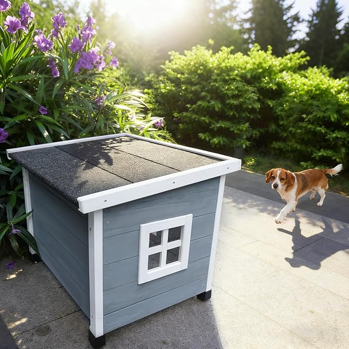 Outdoor Wooden Pet House, Weatherproof Winter Shelter for рuррy and Cats, Elevated Design with Window，100% Cedar Insulated Pet Safe Haven | Easy 15-Min Assembly (Gray-White)