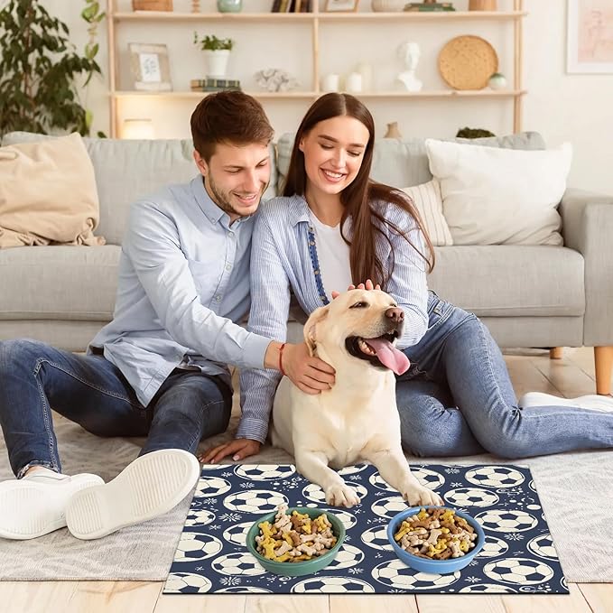 Football Dog Food Mat for Floors Absorbent, Quick Dry Water Dispenser Mat for Food, Water, Pet Supplies 12" x 20", Soccer