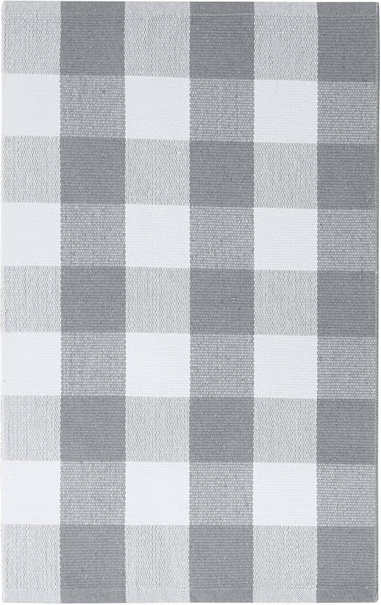 KOZYFLY Buffalo Plaid Area Rugs 3x5 Ft Gray and White Checkered Rug Washable Front Door Mat Hand Woven Cotton Outdoor Rug Large Rug for Front Porch Kitchen Entryway Patio Bathroom