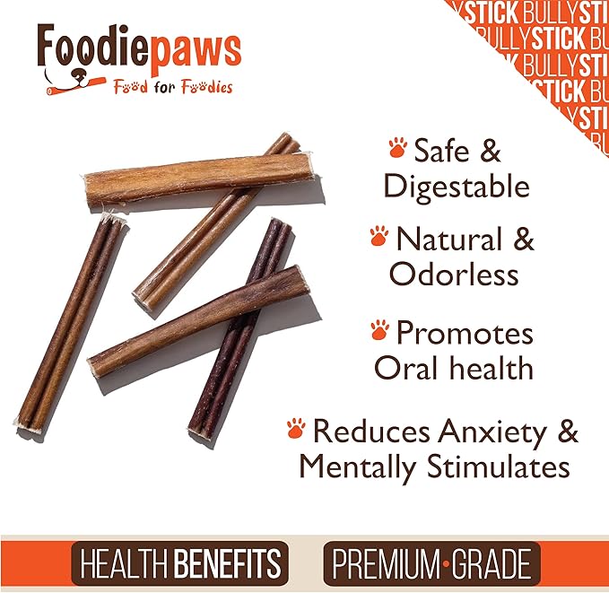 FOODIEPAWS 12 Inch Bully Sticks for Dogs, 5 Pack | All Natural, Grass-Fed Beef Pizzle | Rawhide-Free & Odor-Free Dog Chews | Fully Digestible, Long Lasting Treats for Medium & Large Dogs