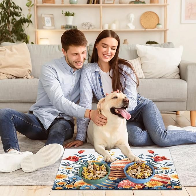 Happy Easter Dog Food Mat for Floors Absorbent Dog Bowl Mat for Food and Water Dispenser Quick Dry Cat Food Placemat Pet Supplies 12" x 20", Spring Flower