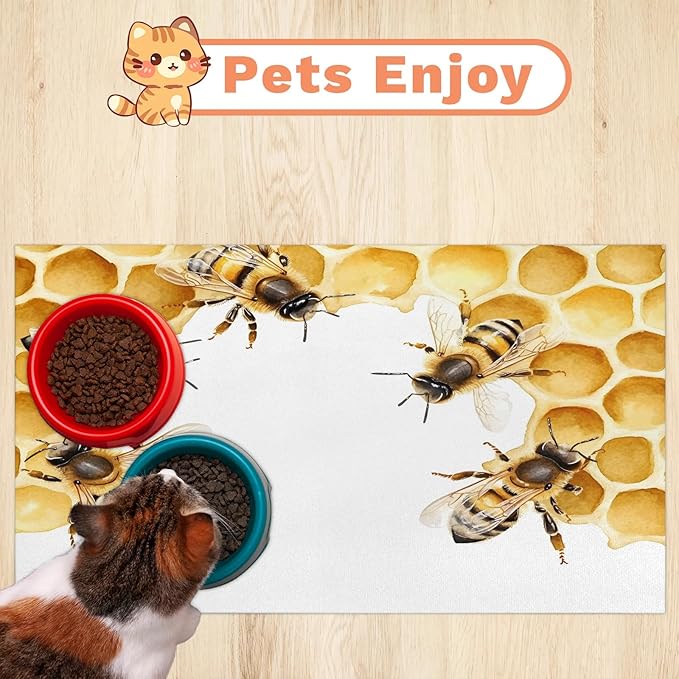 Cute Bee Dog Food Mat for Floors Absorbent, Quick Dry Water Dispenser Mat for Food, Water, Pet Supplies 24" x 32", Honeycomb