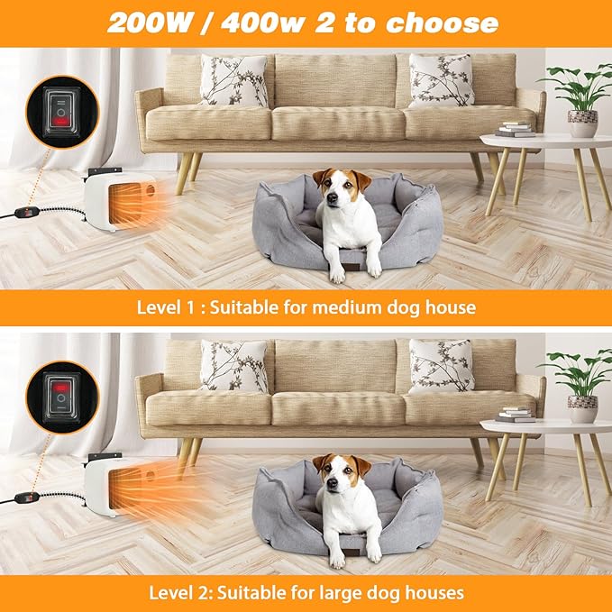 Dog House Heater with Thermostat,Wall-Mounted Dog Heater with 6.5FT Bite Proof Wire,Heaters for Dogs House with Safe Overheat Protection(2 Heating Mode200W/400W)-White