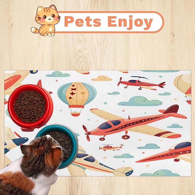 Airplane Dog Food Mat for Floors Absorbent, Quick Dry Water Dispenser Mat for Food, Water, Pet Supplies 16" x 24", Cute Plane