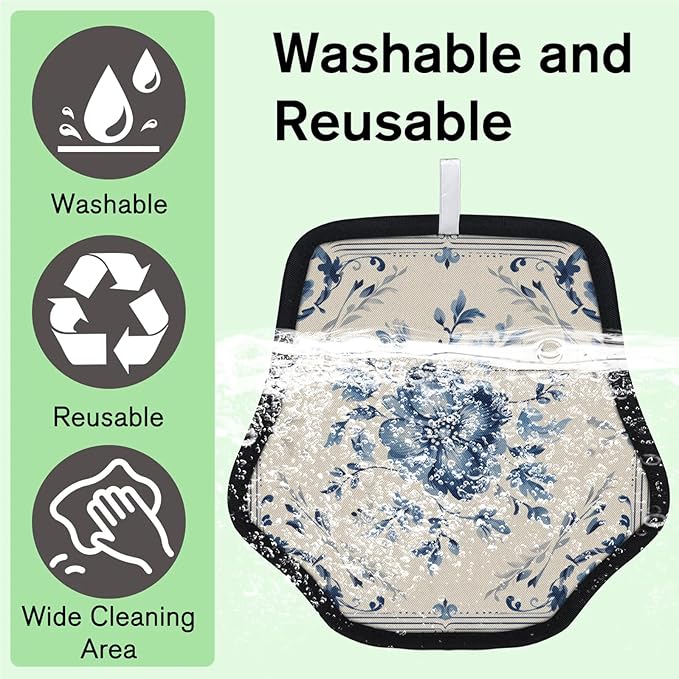 Reusable Pet Hair Removal Glove Blue Floral Pattern Magic Brush for Cat & Dog Hair Remover for Car, Sofa, Bedding, Clothes - 9x9 Mitt Washable