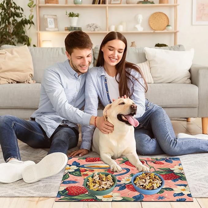 Red Strawberry Dog Food Mat for Floors Absorbent Dog Bowl Mat for Food and Water Dispenser Quick Dry Cat Food Placemat Pet Supplies 24" x 32", Flower